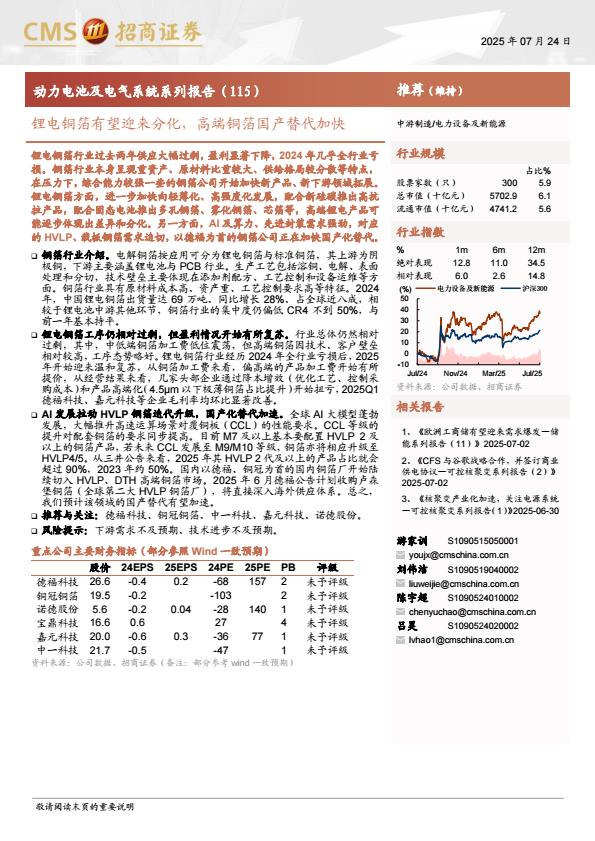 【19939E】【招商证券】中游制造行业动力电池及电气系统系列报告(115)：锂电铜箔有望迎来分化，高端铜箔国产替代加快