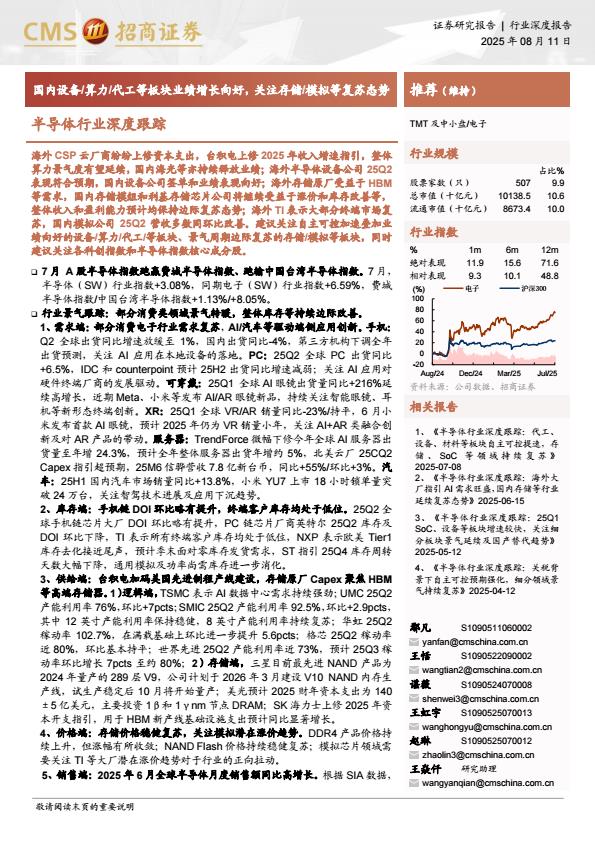 【19947E】【招商证券】半导体行业深度跟踪：国内设备算力代工等板块业绩增长向好，关注存储模拟等复苏态势