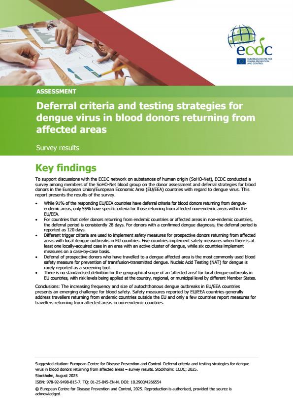 【20953E】【欧洲疾控中心】从疫区返回的献血者登革热病毒的延期标准和检测策略2025.8