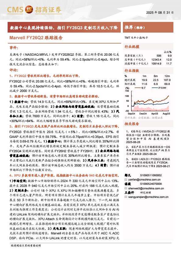 【21465E】【招商证券】电子行业Marvell+FY26Q2跟踪报告：数据中心表现持续强劲，指引FY26Q3定制芯片收入下降