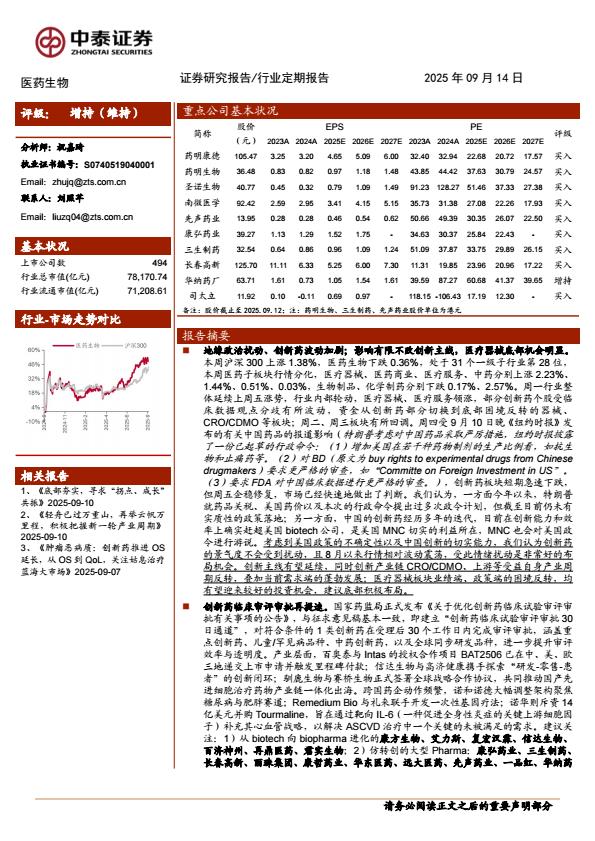 【21190E】【中泰证券】医药生物行业：地缘扰动不改创新主线，集采规则持续优化