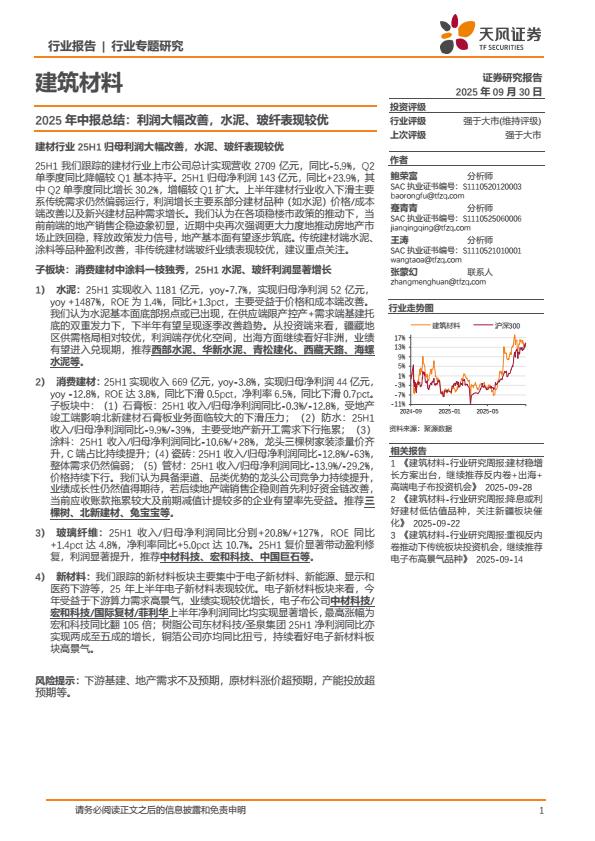 【23643E】【天风证券】建筑材料行业2025年中报总结：利润大幅改善，水泥、玻纤表现较优