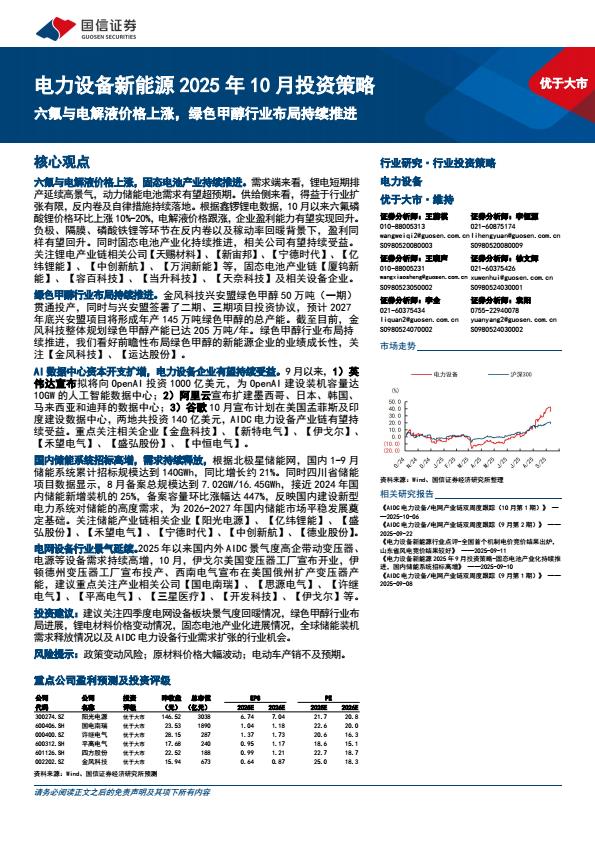 【23641E】【国信证券】电力设备新能源行业2025年10月投资策略：六氟与电解液价格上涨，绿色甲醇行业布局持续推进